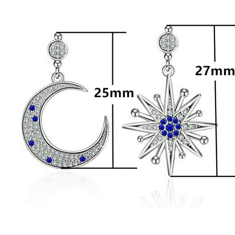 Silver Drop Blue Sapphire Moon Star Earrings - Picture 9 of 9